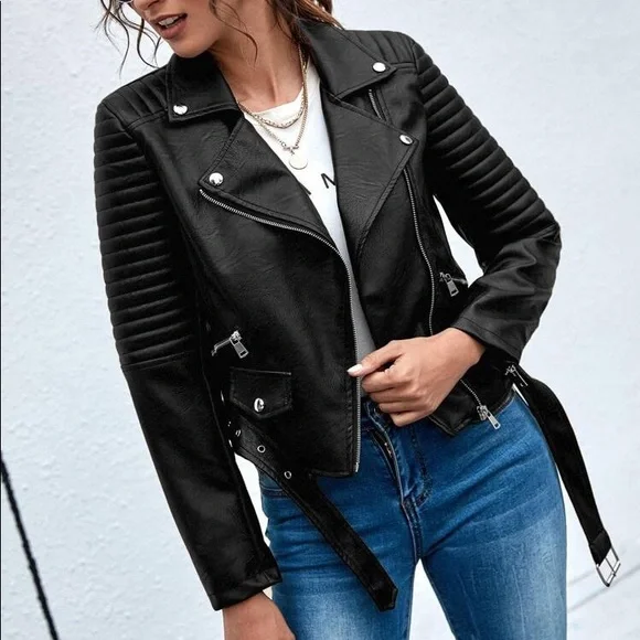 🖤 MOTO BLACK FAUX LEATHER BELTED BIKER JACKET! - Picture 4 of 6